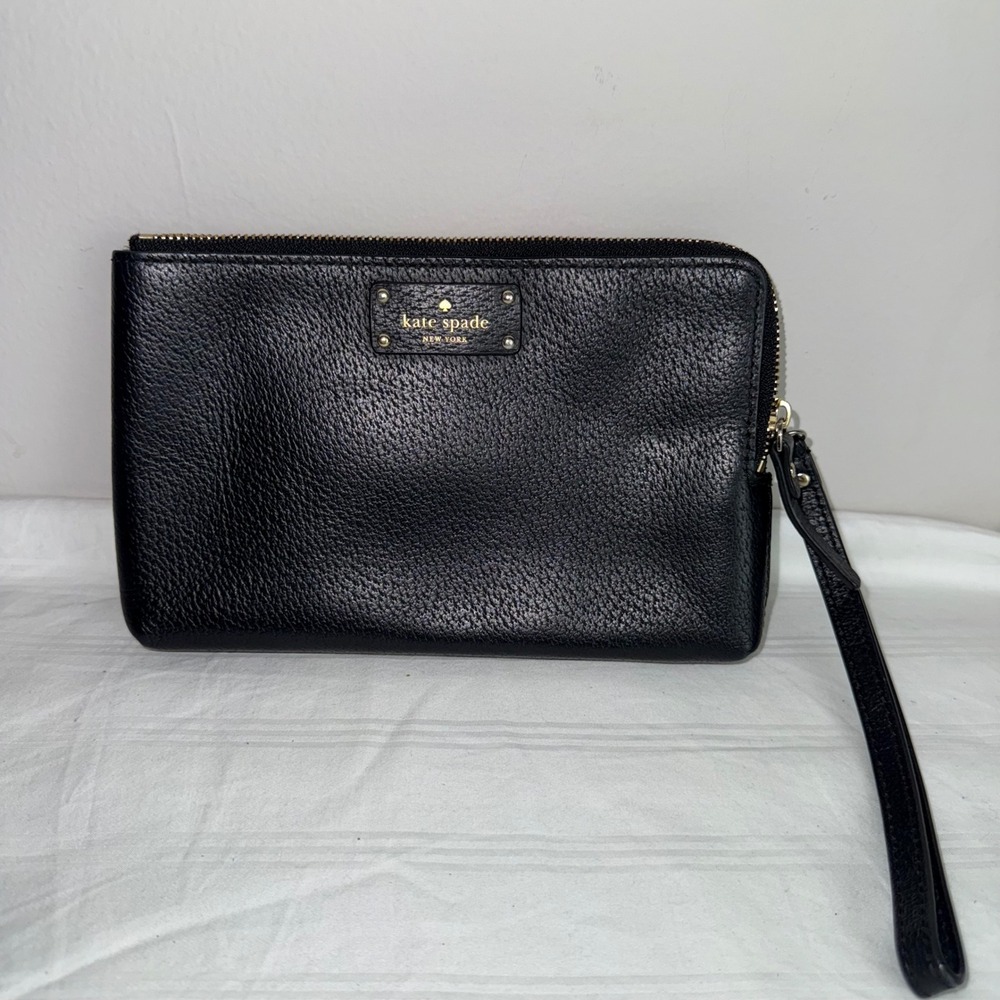 Kate Spade New York Black Leather Wristlet Zip Around Wallet Clutch Purse